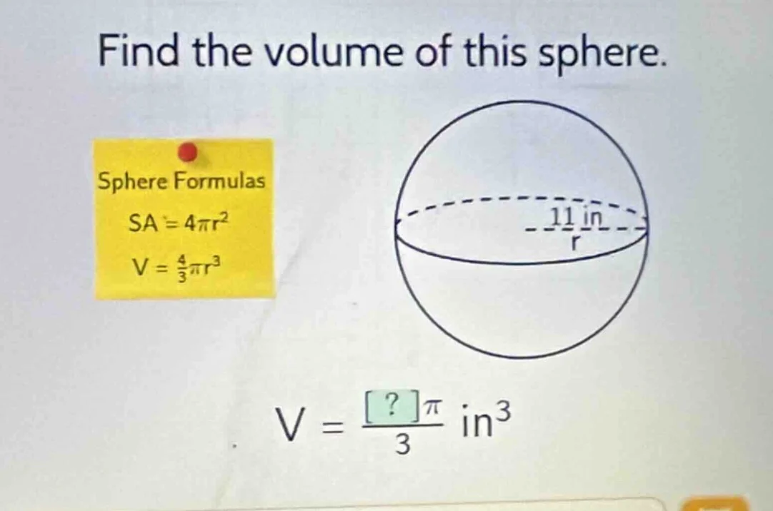 find the volume of this sphere. sphere formulas sa = 4πr² v = \\(\\frac…