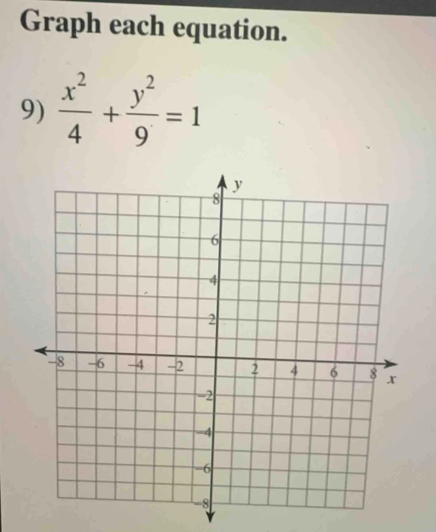 graph each equation. 9) \\(\\frac{x^2}{4} + \\frac{y^2}{9} = 1\\)