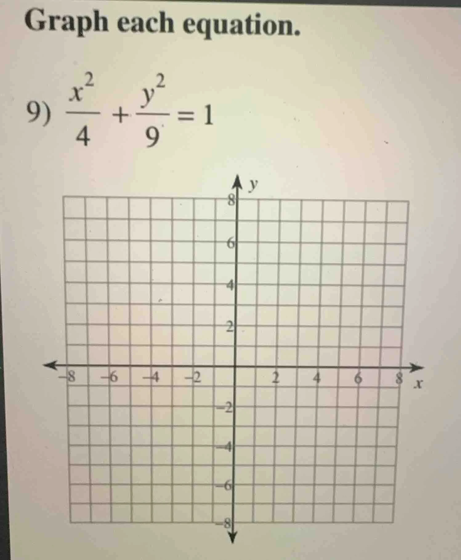graph each equation. 9) \\(\\frac{x^2}{4} + \\frac{y^2}{9} = 1\\)