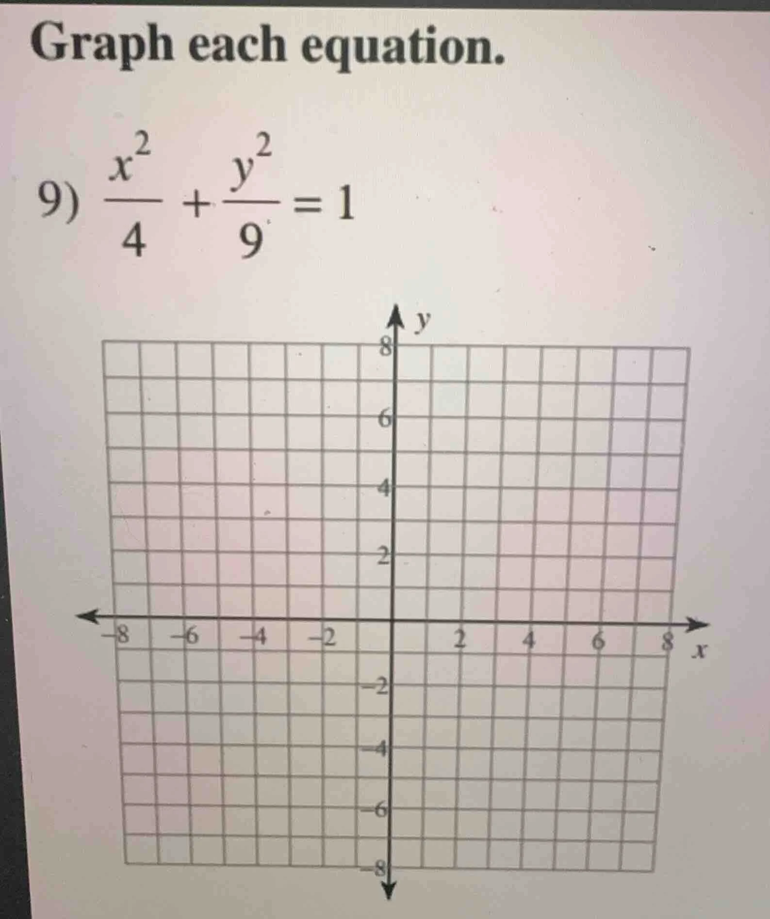 graph each equation. 9) \\(\\frac{x^2}{4} + \\frac{y^2}{9} = 1\\)