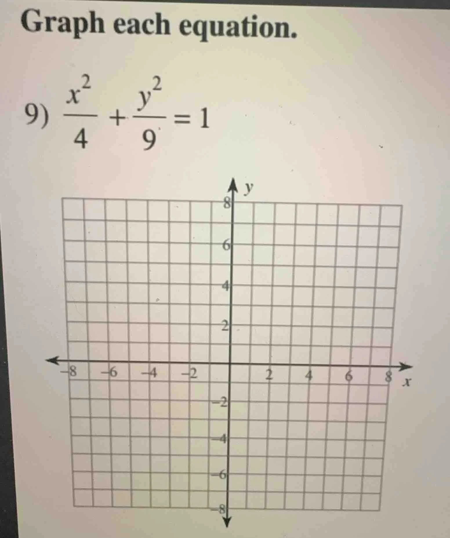 graph each equation. 9) \\(\\frac{x^2}{4} + \\frac{y^2}{9} = 1\\)