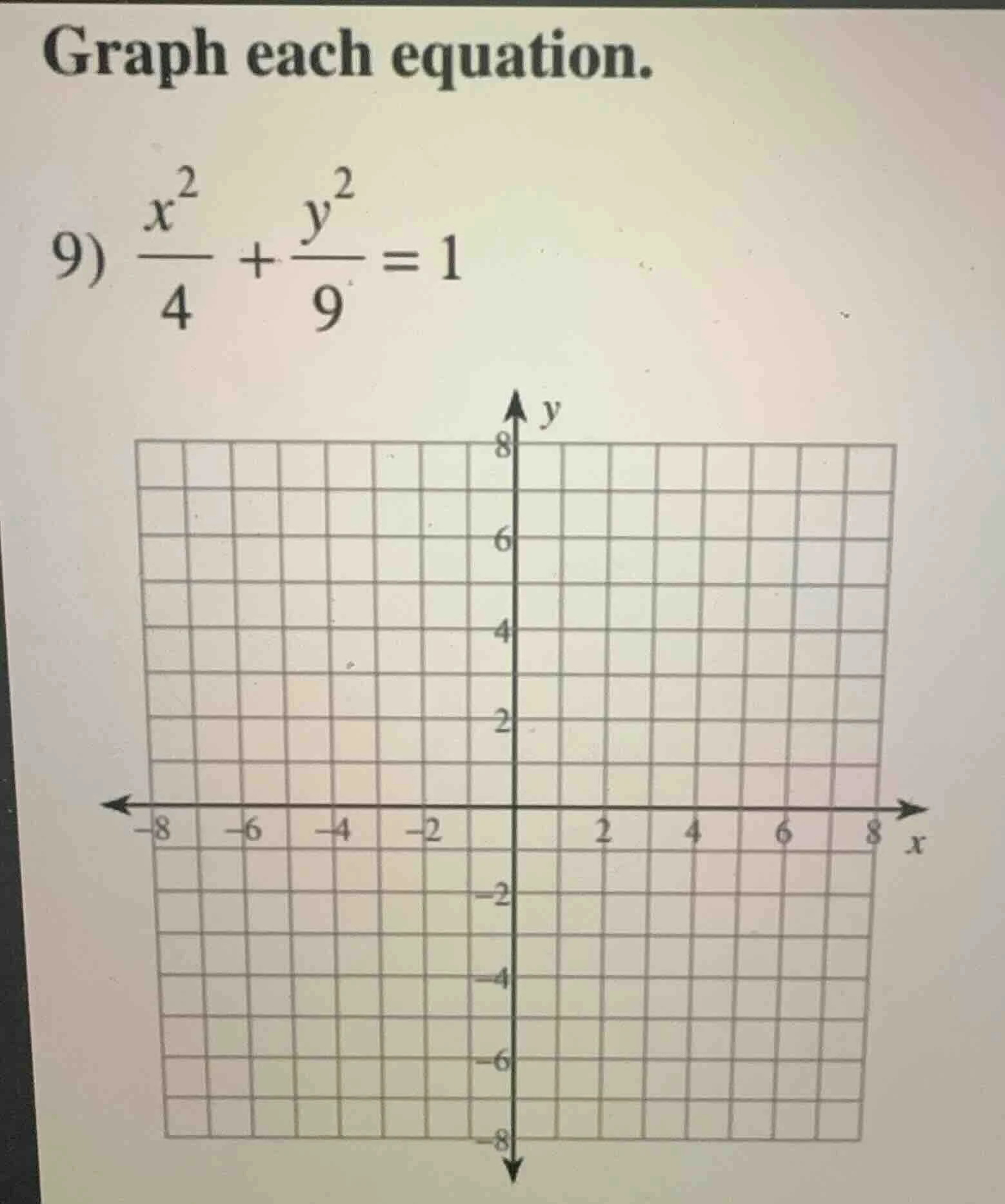 graph each equation. 9) \\(\\frac{x^2}{4} + \\frac{y^2}{9} = 1\\)