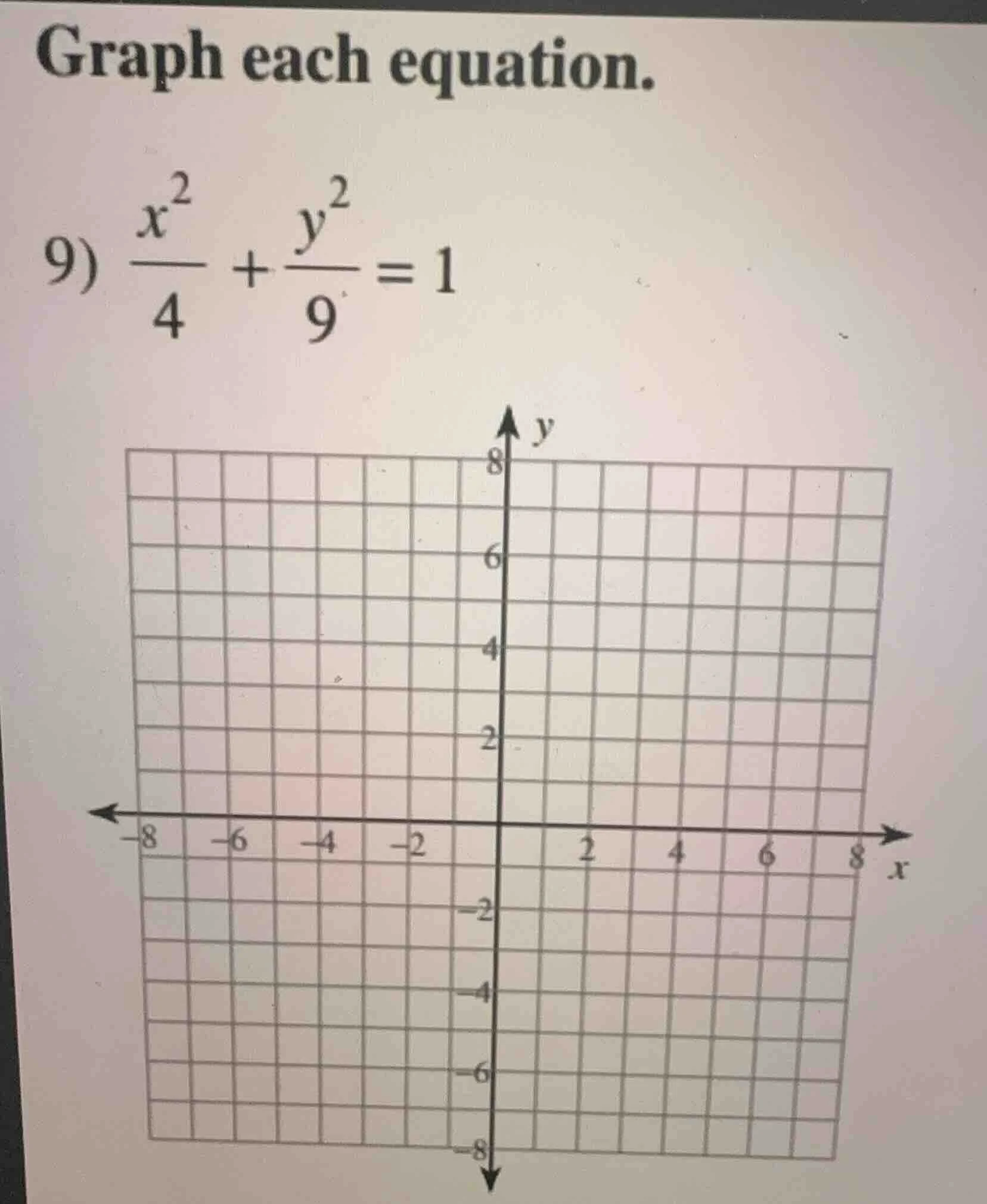 graph each equation. 9) \\(\\frac{x^2}{4} + \\frac{y^2}{9} = 1\\)