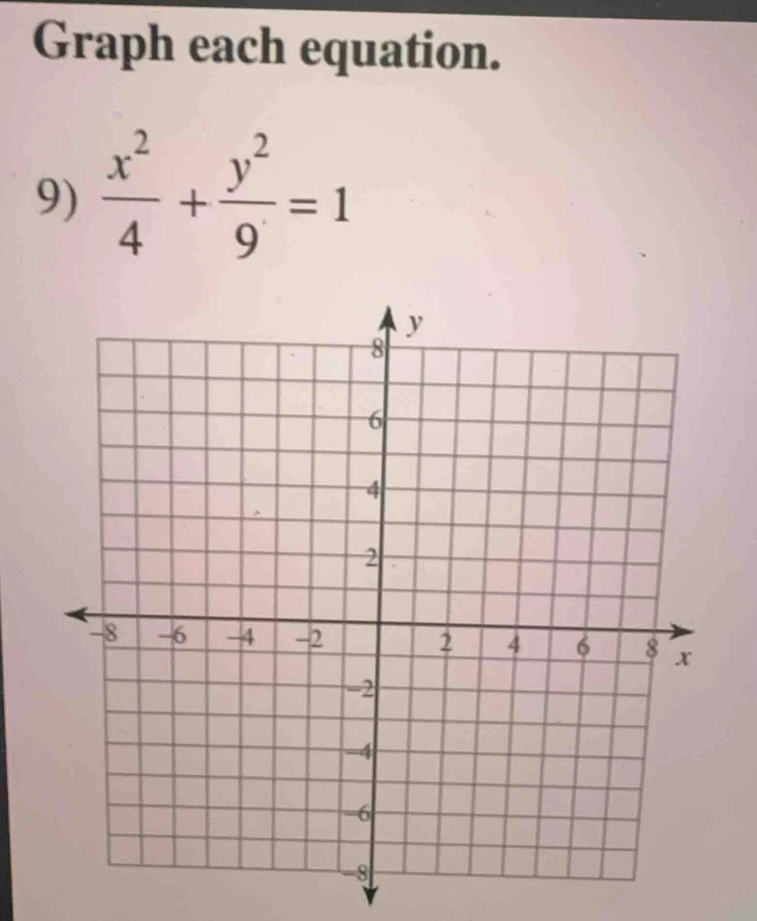 graph each equation. 9) \\(\\frac{x^2}{4} + \\frac{y^2}{9} = 1\\)