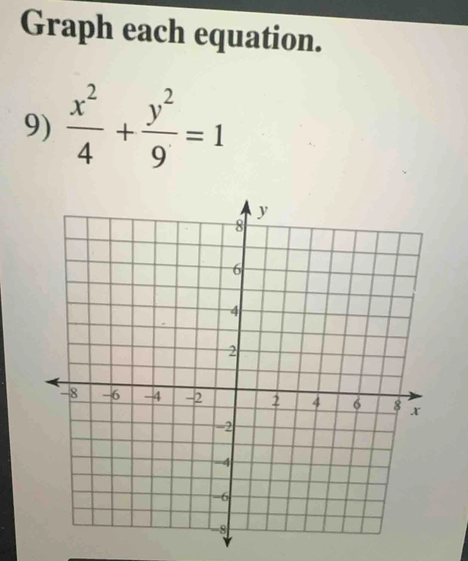 graph each equation. 9) \\(\\frac{x^2}{4} + \\frac{y^2}{9} = 1\\)