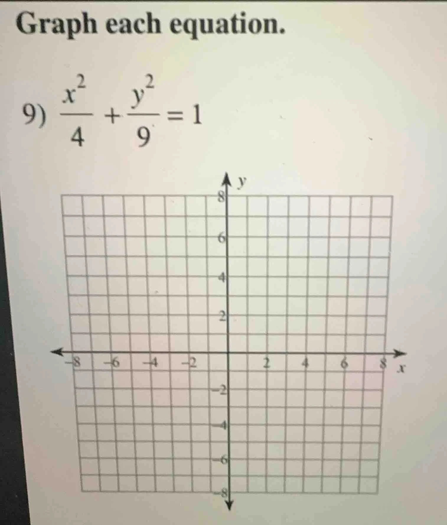 graph each equation. 9) \\(\frac{x^2}{4} + \frac{y^2}{9} = 1\\)