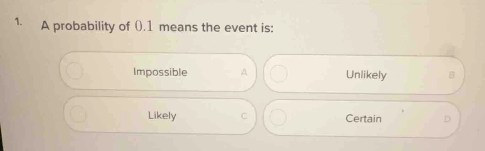 1. a probability of 0.1 means the event is: impossible a unlikely b lik…