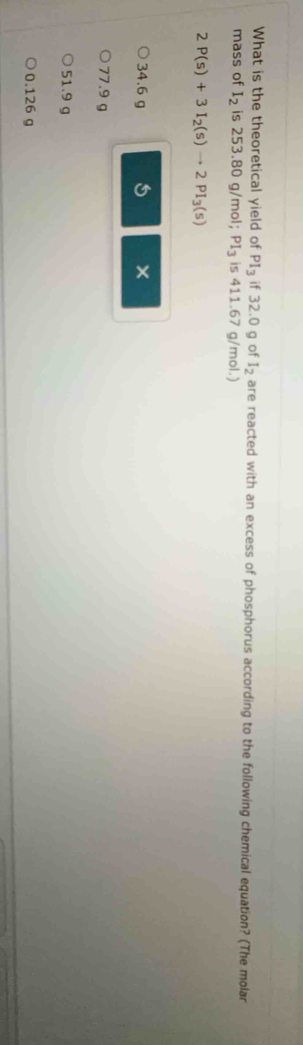 what is the theoretical yield of pi₃ if 32.0 g of i₂ are reacted with a…