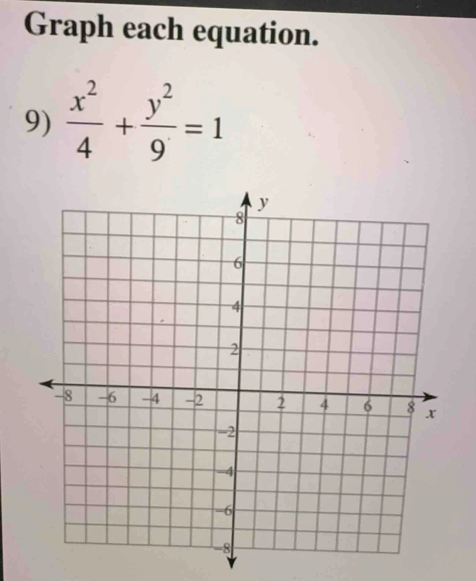 graph each equation. 9) \\(\\frac{x^2}{4} + \\frac{y^2}{9} = 1\\)