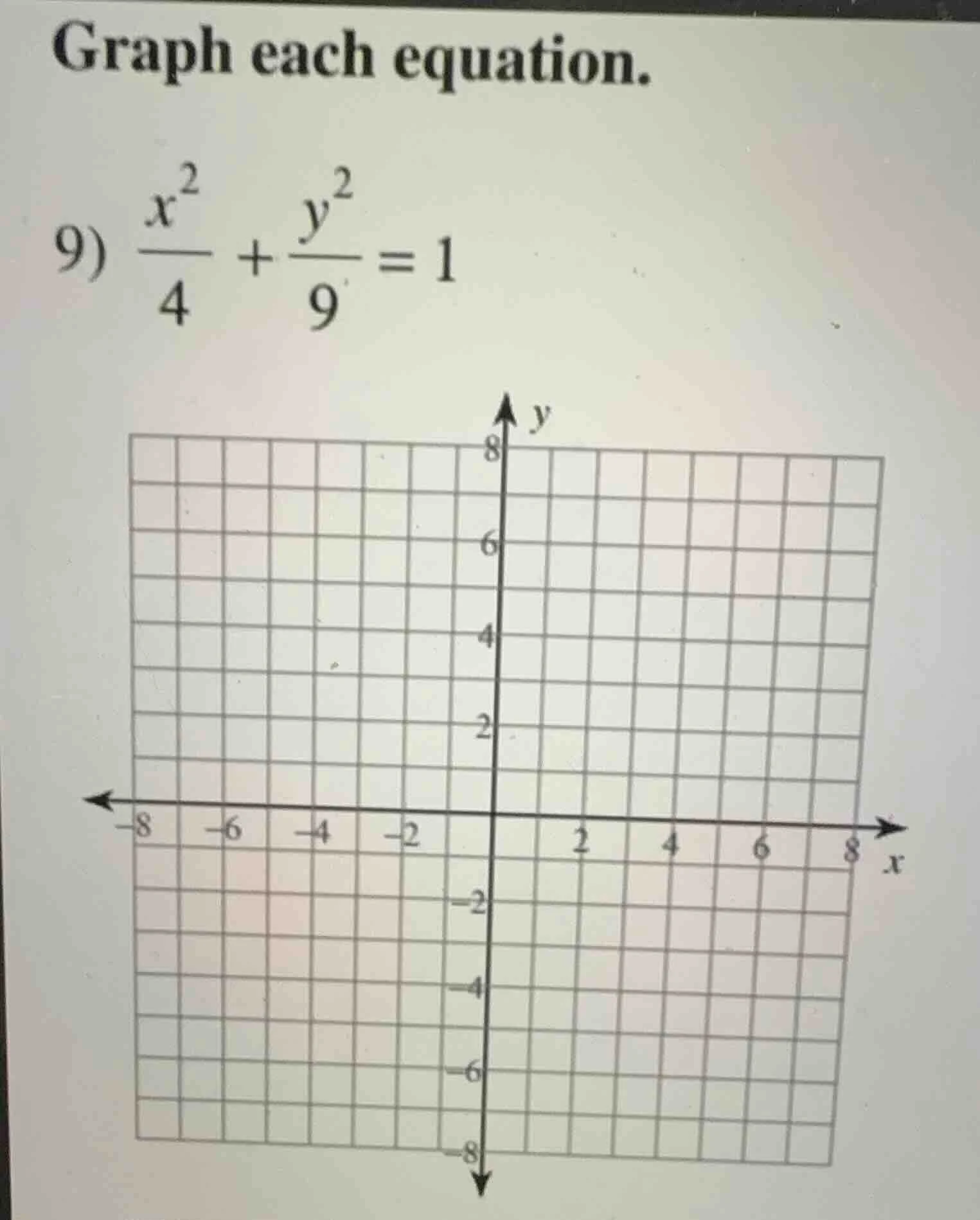 graph each equation. 9) \\(\\frac{x^2}{4} + \\frac{y^2}{9} = 1\\)