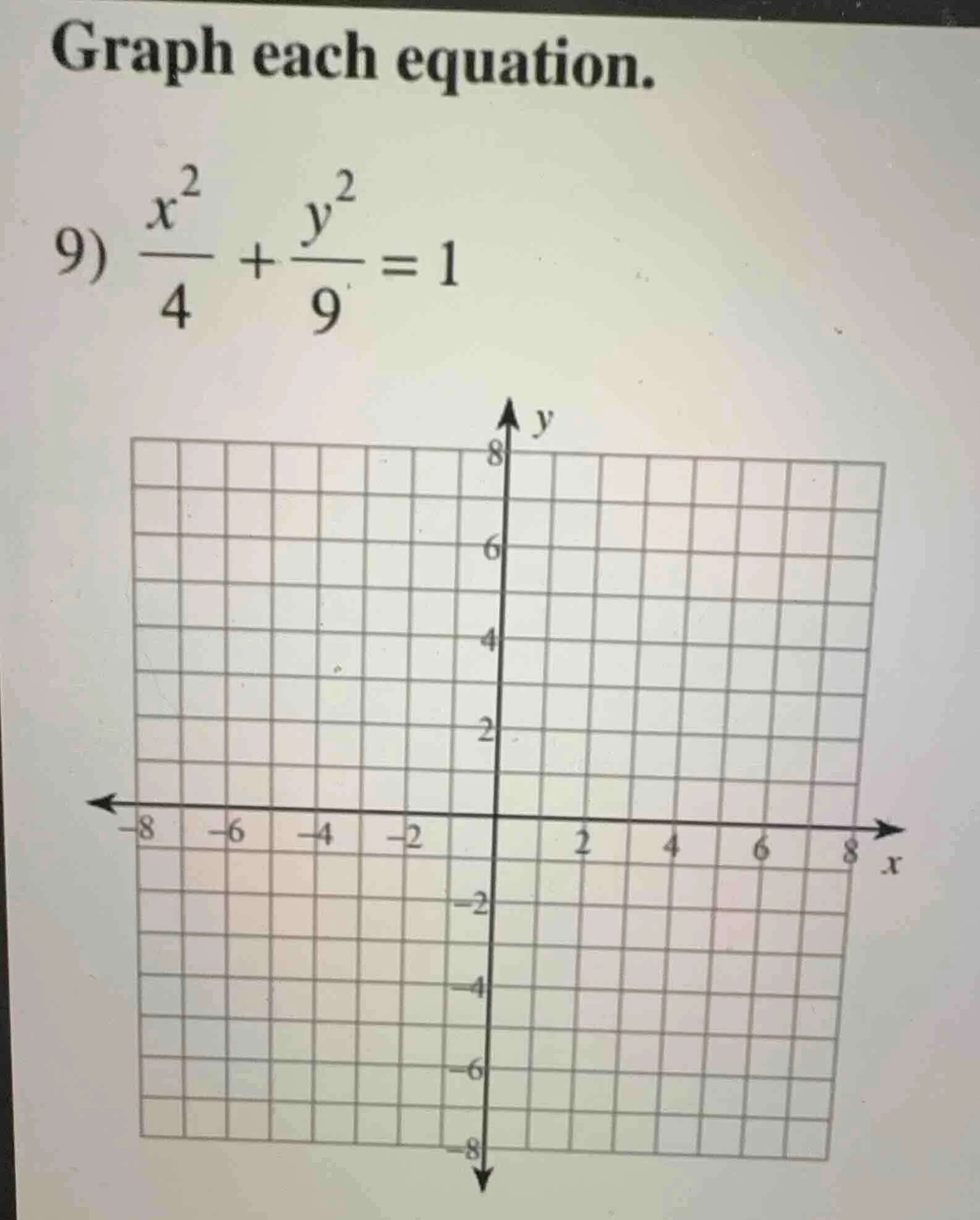 graph each equation. 9) \\(\\frac{x^2}{4} + \\frac{y^2}{9} = 1\\)