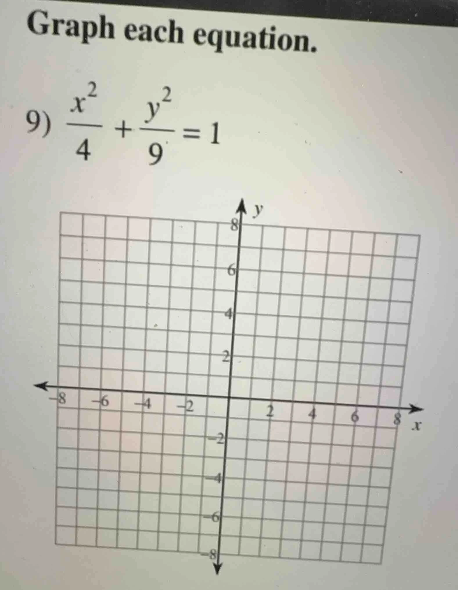 graph each equation. 9) \\(\\frac{x^2}{4} + \\frac{y^2}{9} = 1\\)