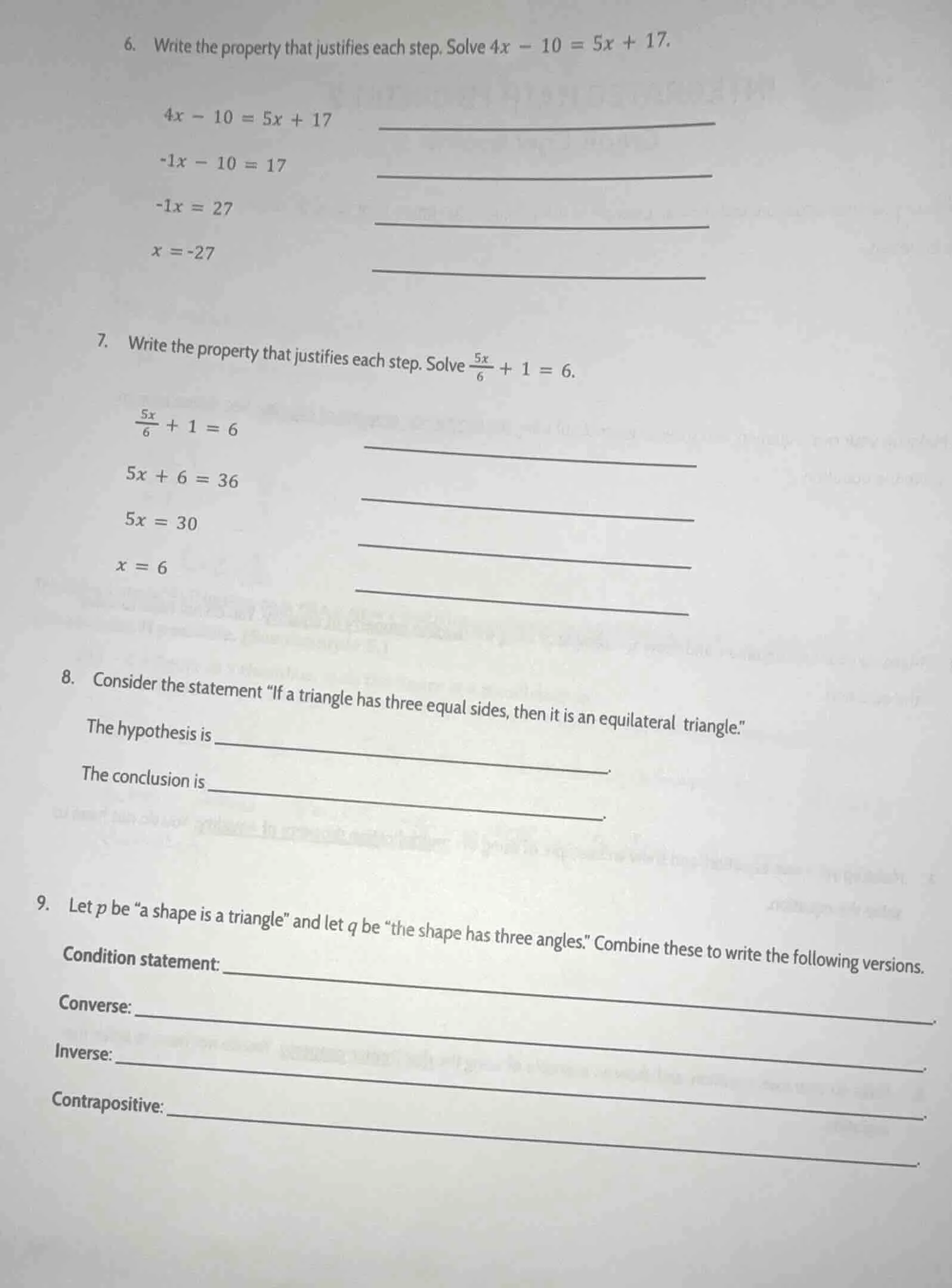 6. write the property that justifies each step. solve $4x - 10 = 5x + 1…