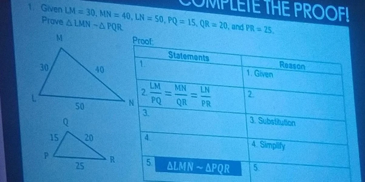 1. given ( lm = 30 ), ( mn = 40 ), ( ln = 50 ), ( pq = 15 ), ( qr = 20 …
