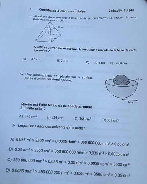 1. questions à choix multiples 2pts×5= 10 pts 1- le volume d’une pyrami…