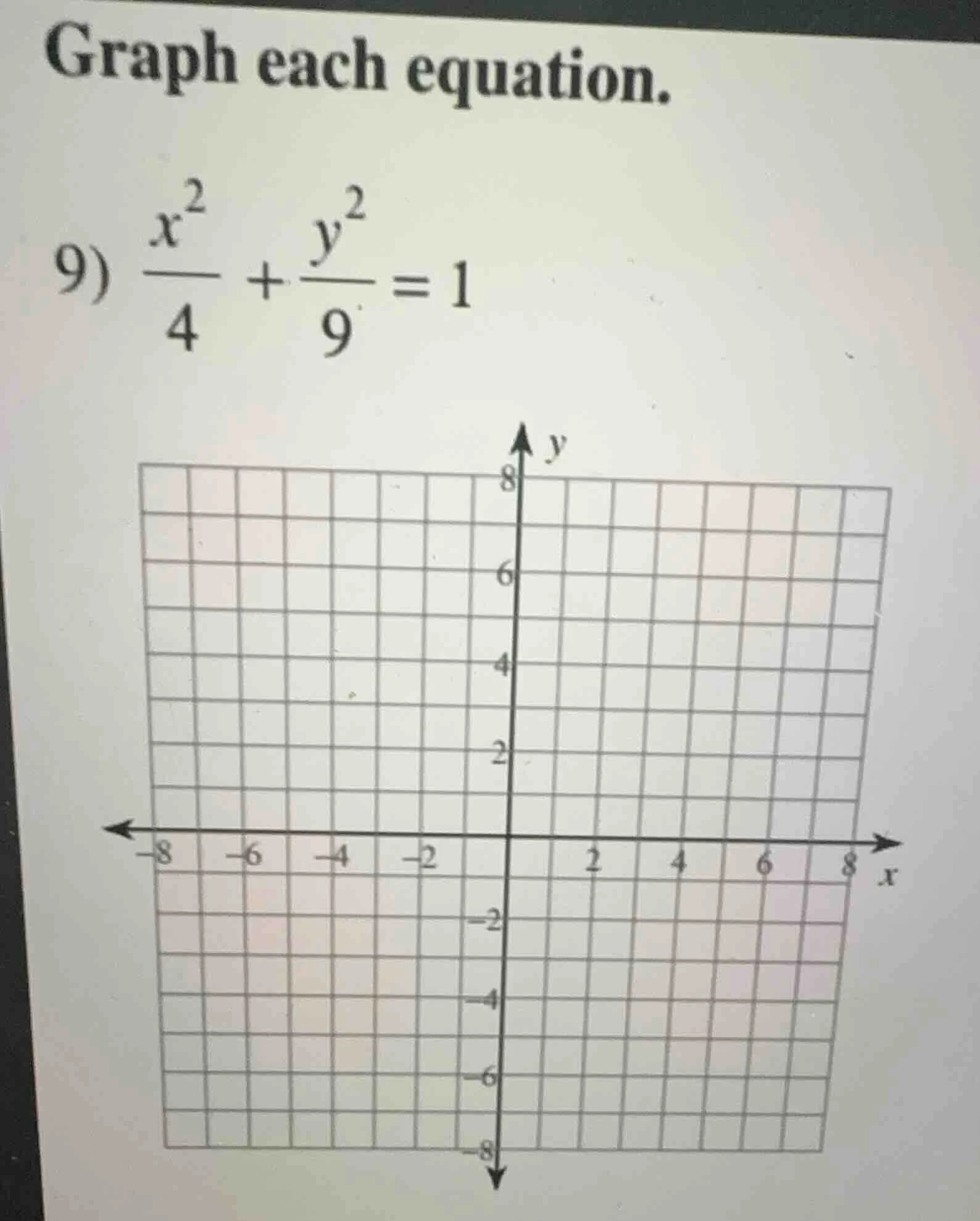 graph each equation. 9) \\(\\frac{x^2}{4} + \\frac{y^2}{9} = 1\\)