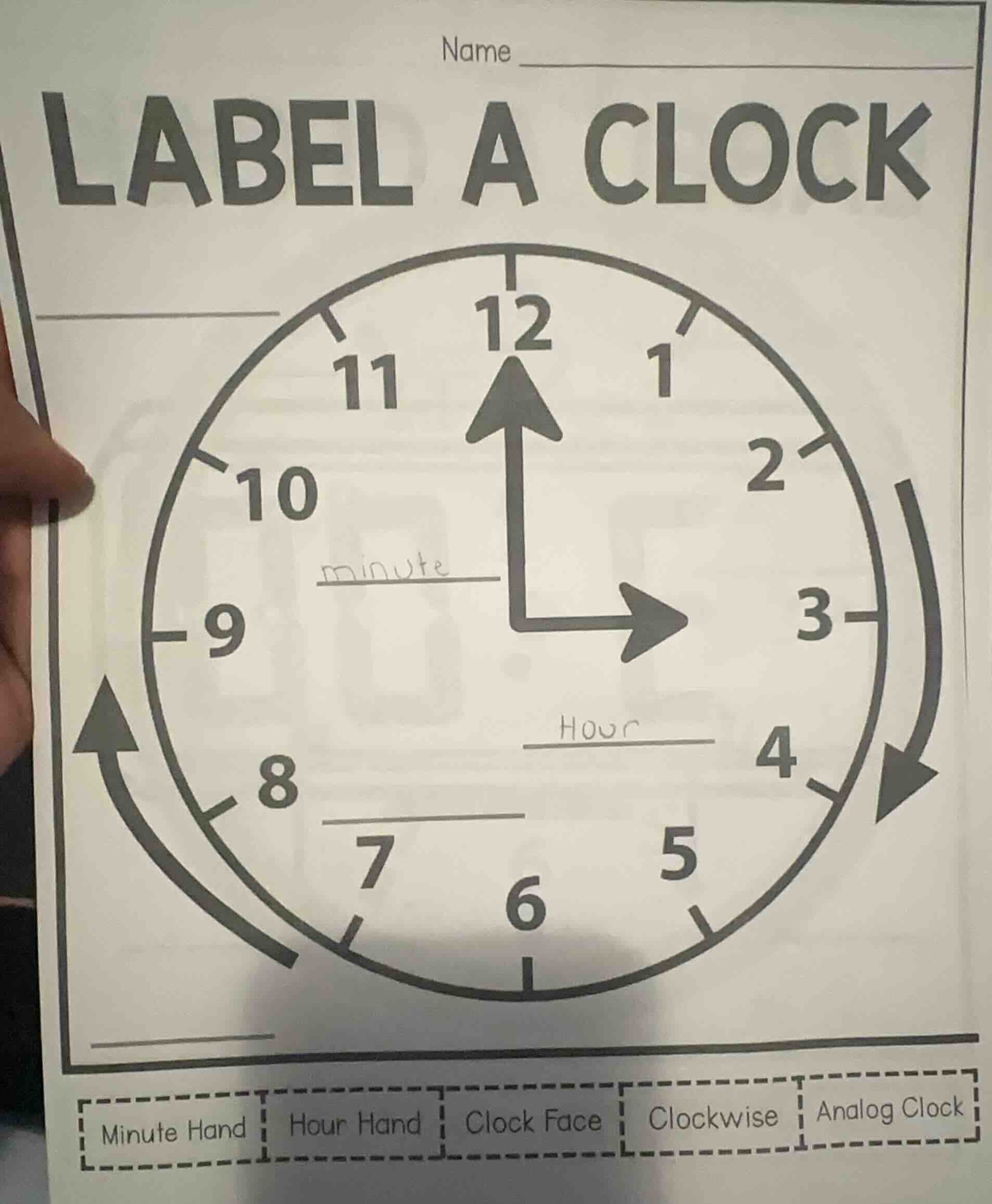 name label a clock 11 12 1 10 2 minute 3 9 hour 8 4 7 5 6 minute hand h…