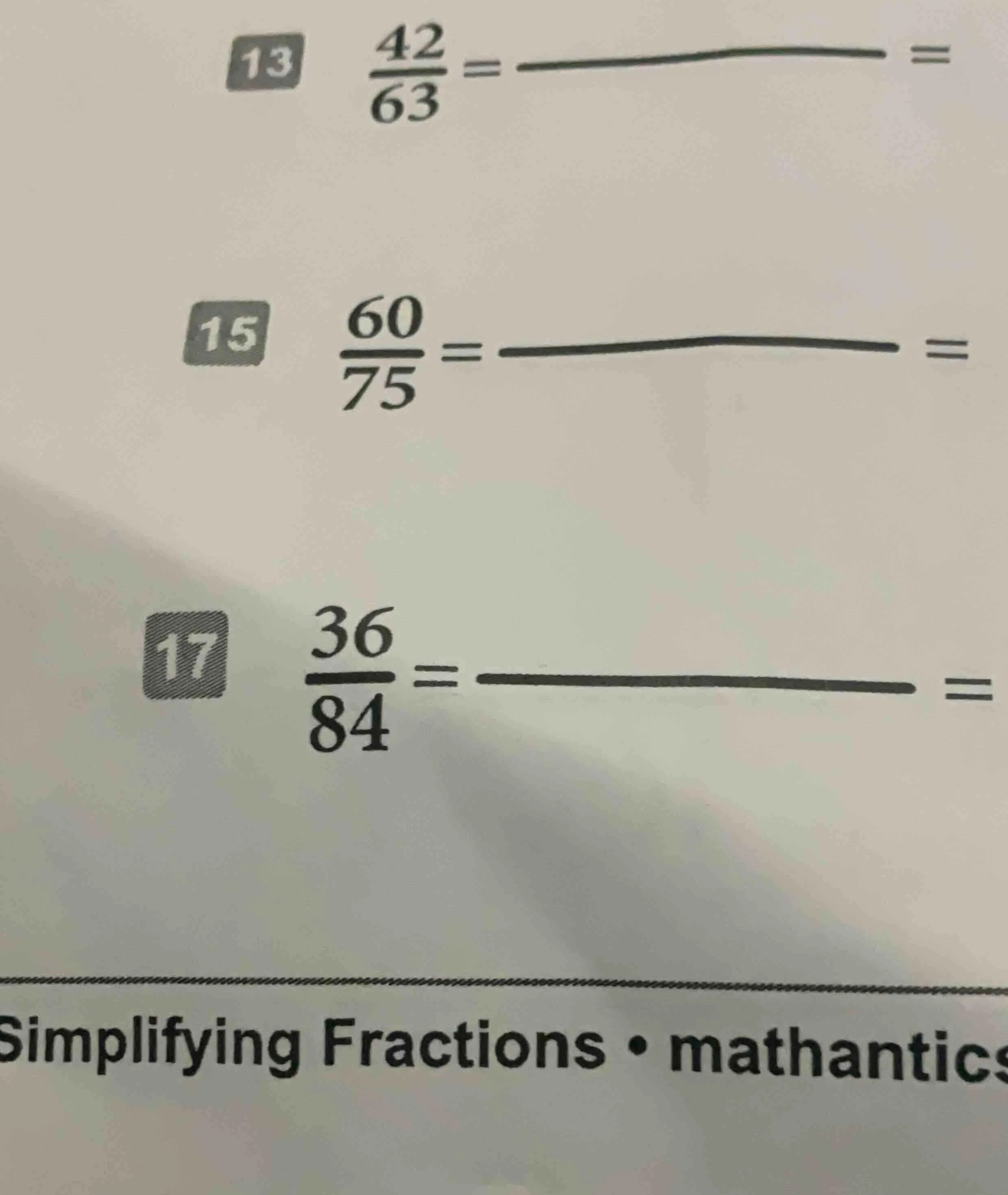 13 \\(\\frac{42}{63}=\\underline{\\quad\\quad}=\\)\ 15 \\(\\frac{60}{75…