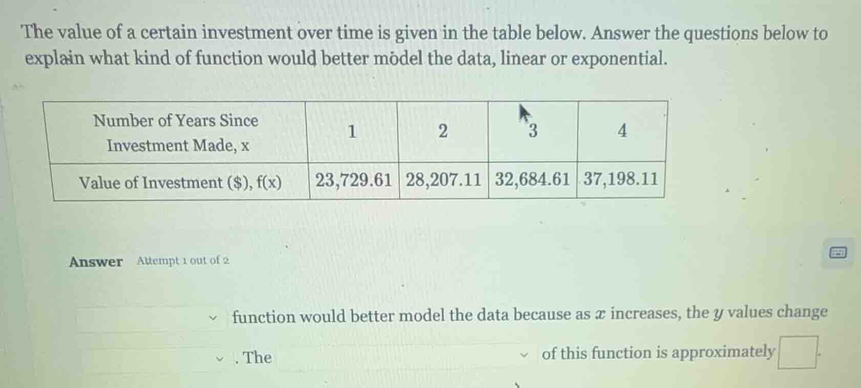 the value of a certain investment over time is given in the table below…