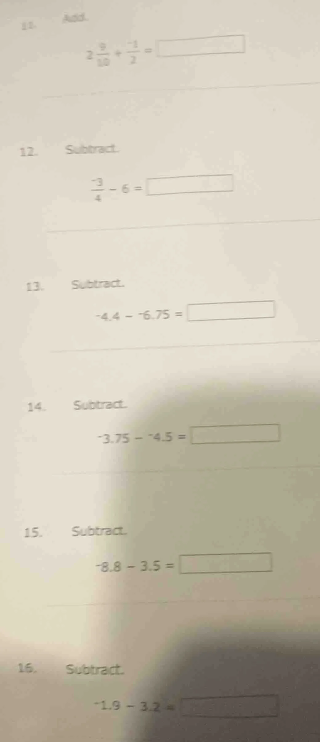 11. add. $2\\frac{9}{10}+\\frac{-1}{2}=\\square$ 12. subtract. $\\frac{…