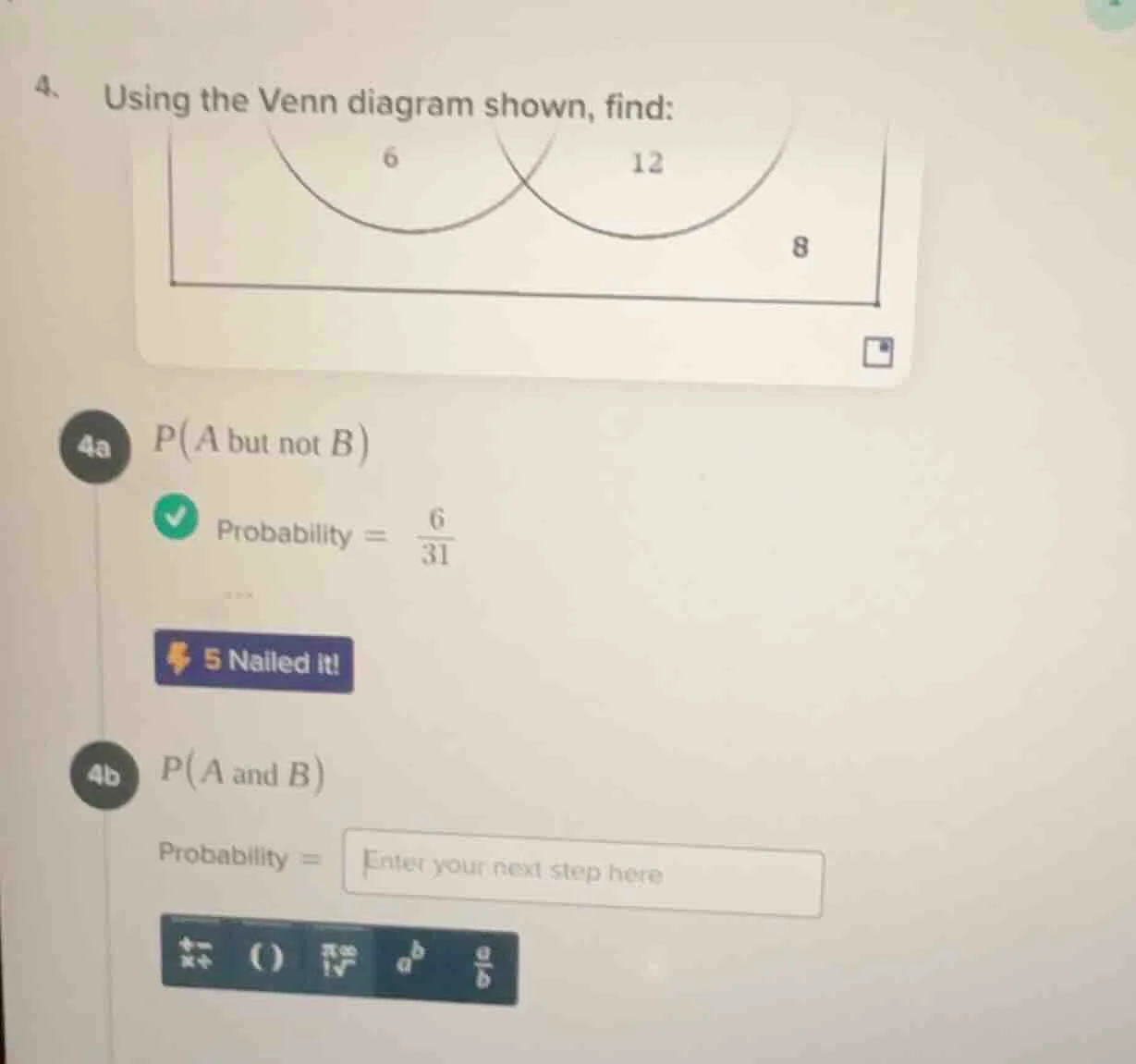 4. using the venn diagram shown, find: 4a ( p(a \text{ but not } b) ) p…