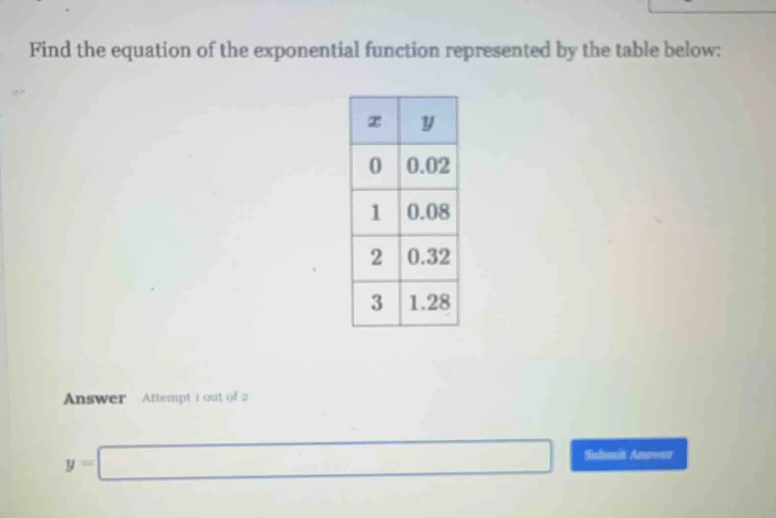 find the equation of the exponential function represented by the table …