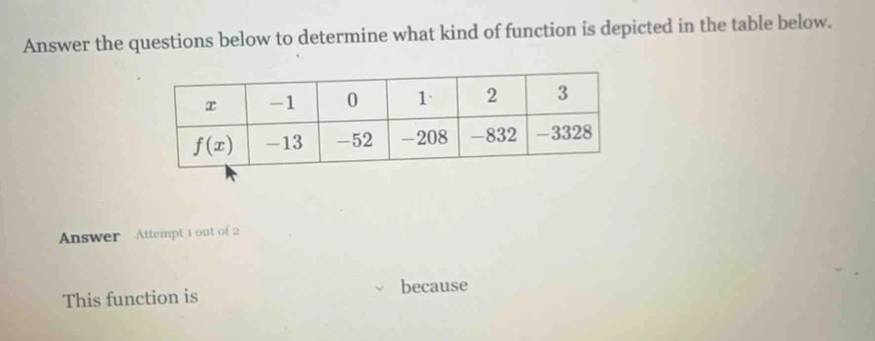 answer the questions below to determine what kind of function is depict…