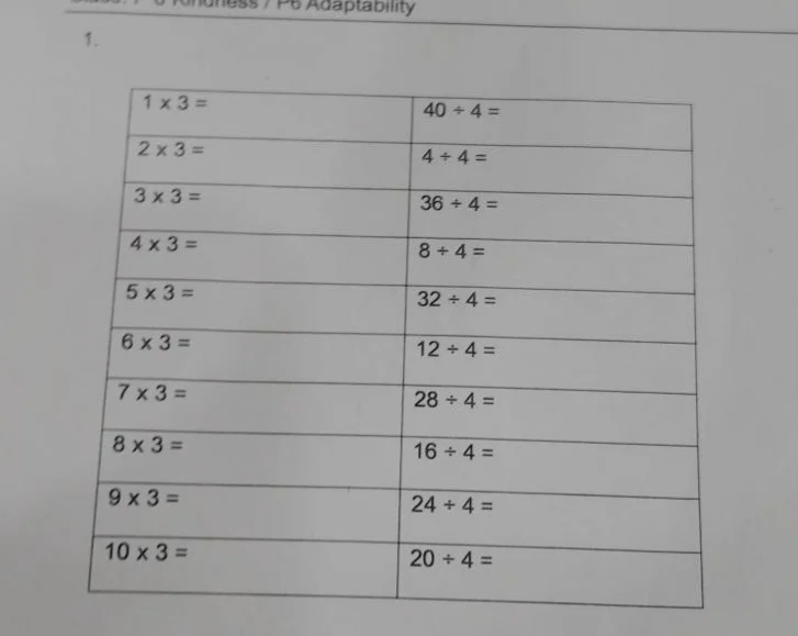 1. $1 \\times 3 = $ \t $40 \\div 4 = $ $2 \\times 3 = $ \t $4 \\div 4 =…