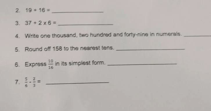 2. $19 + 16 = ____________$ 3. $37 + 2 \\times 6 = ____________$ 4. wri…
