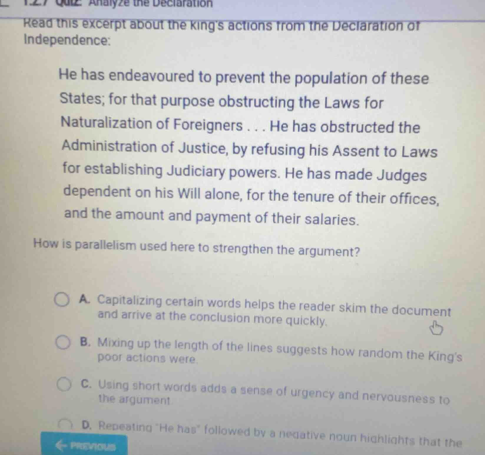 12.7 quiz analyze the declaration read this excerpt about the king’s ac…