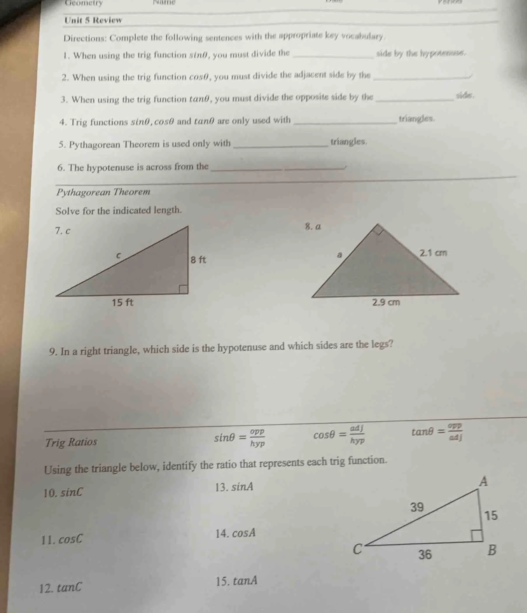 geometry name date period unit 5 review directions: complete the follow…