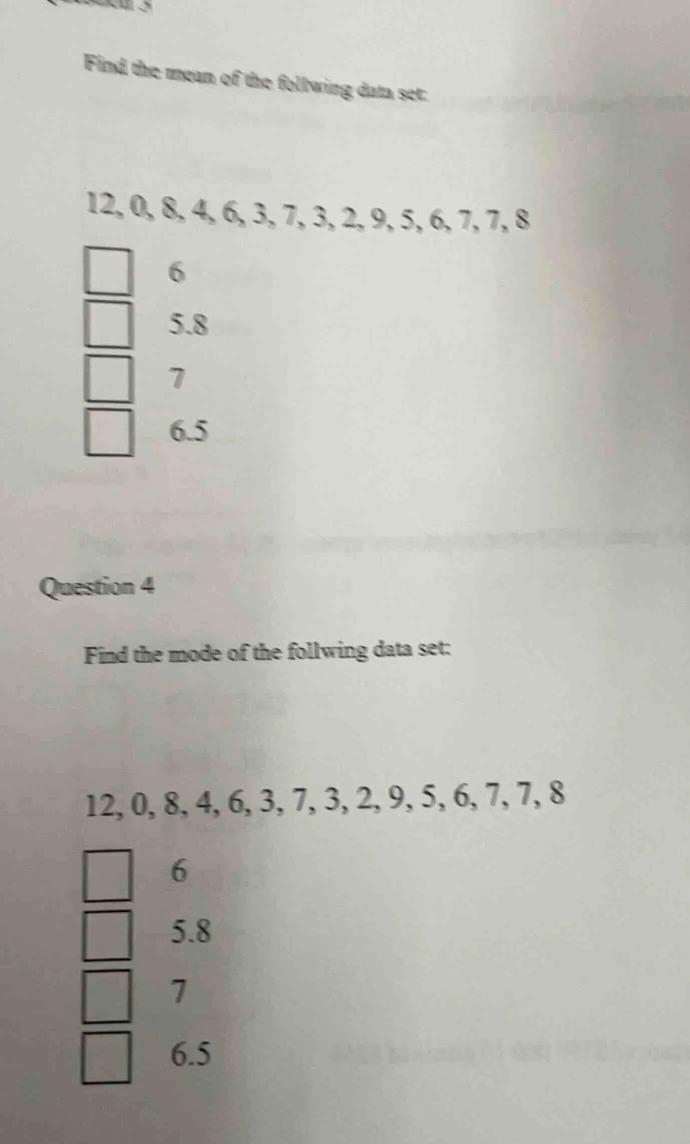 find the mean of the follwing data set: 12, 0, 8, 4, 6, 3, 7, 3, 2, 9, …