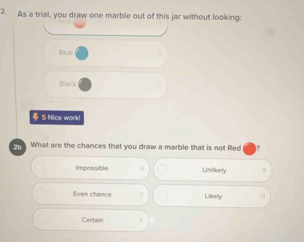 2. as a trial, you draw one marble out of this jar without looking: blu…