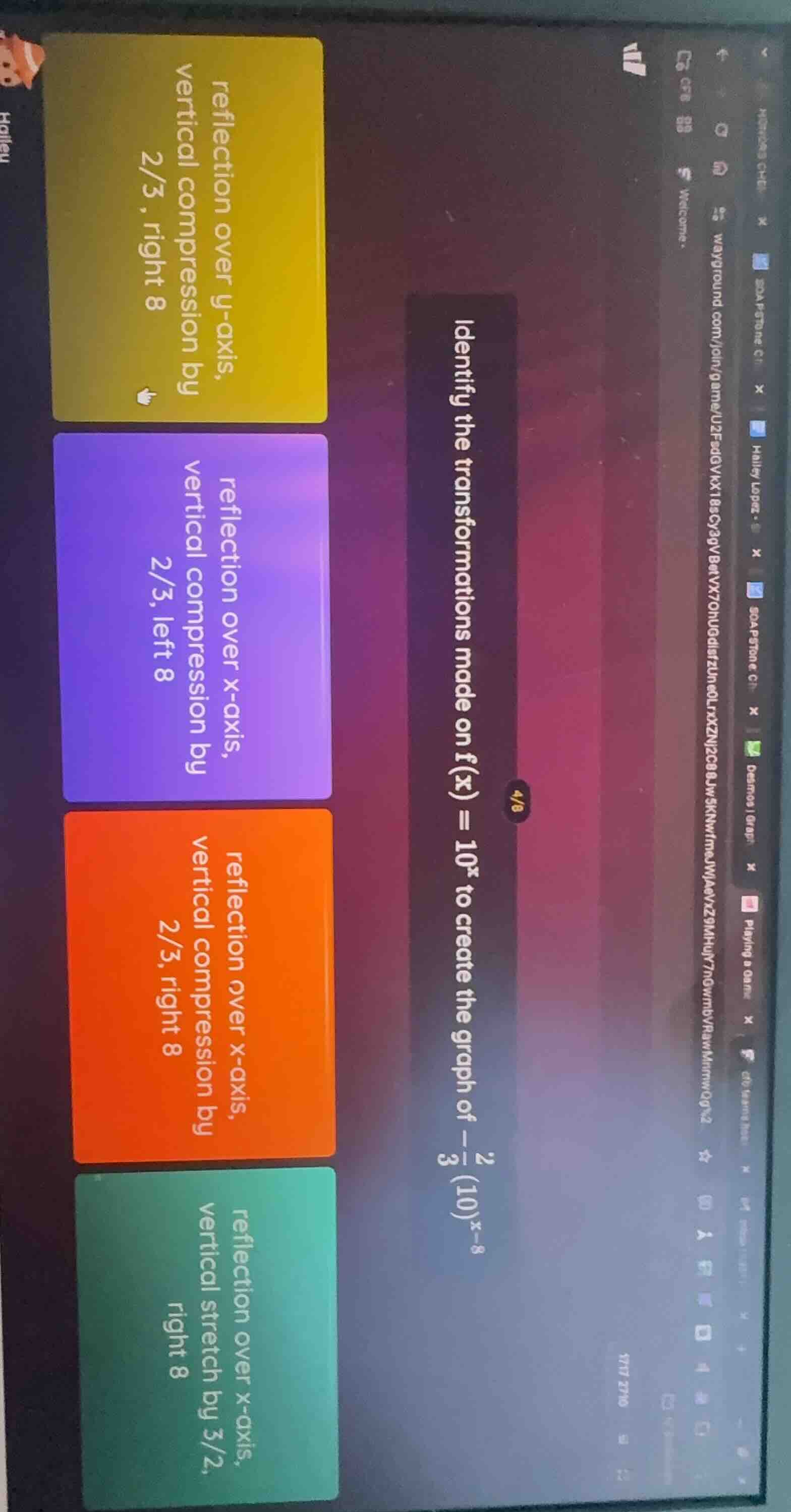 identify the transformations made on f(x) = 10^x to create the graph of…