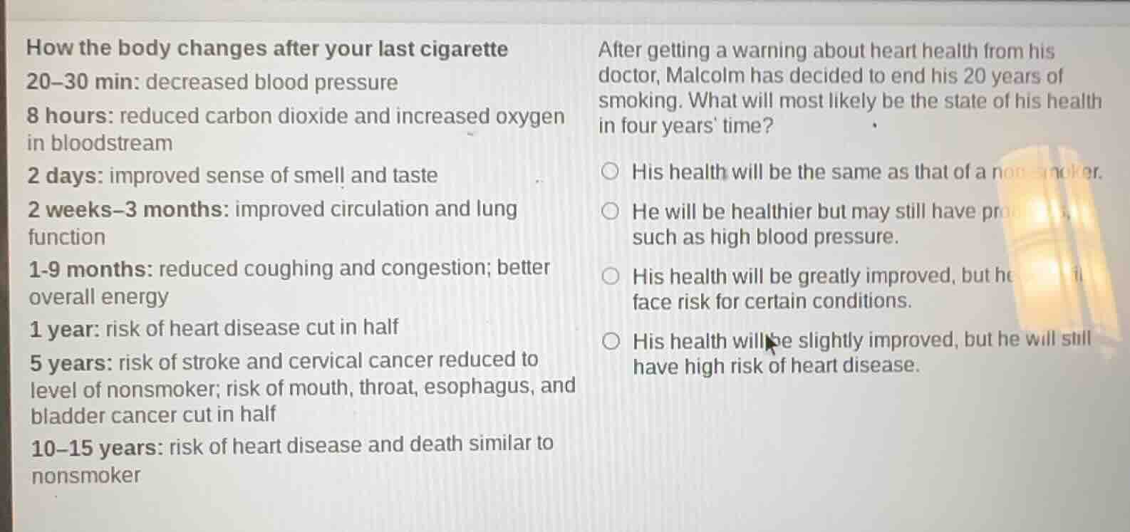 how the body changes after your last cigarette 20–30 min: decreased blo…