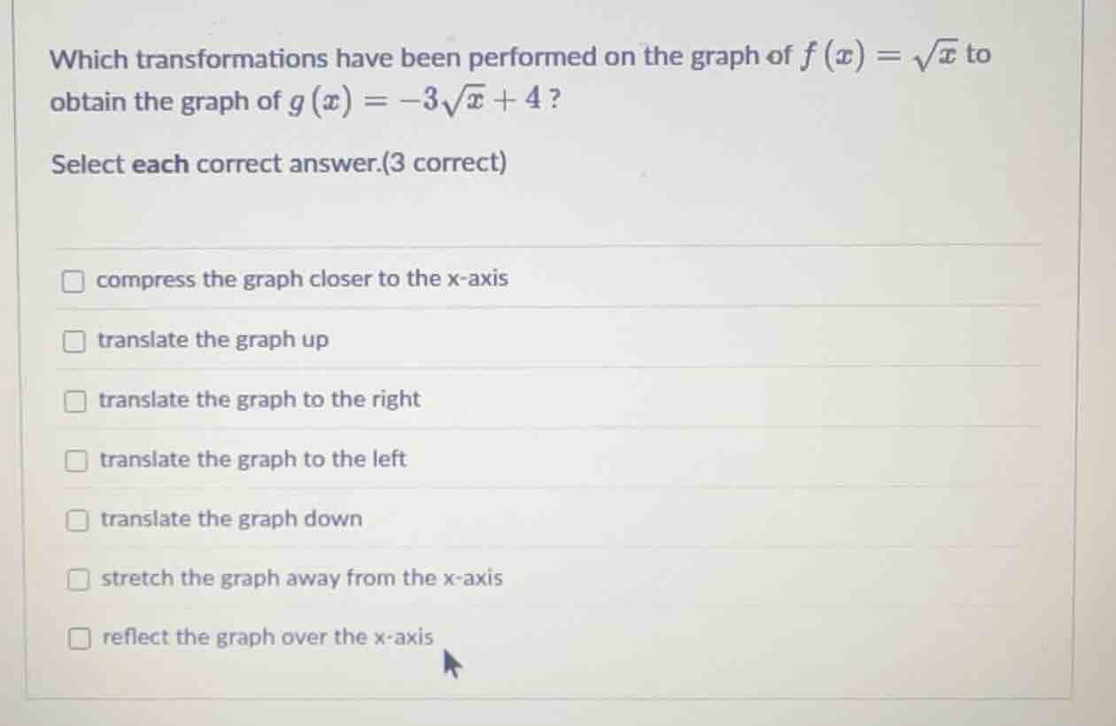 which transformations have been performed on the graph of $f(x)=sqrt{x}…