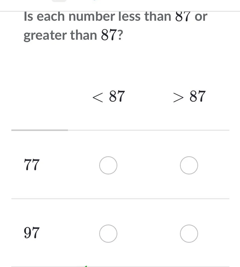 is each number less than 87 or greater than 87? < 87 > 87 77 97