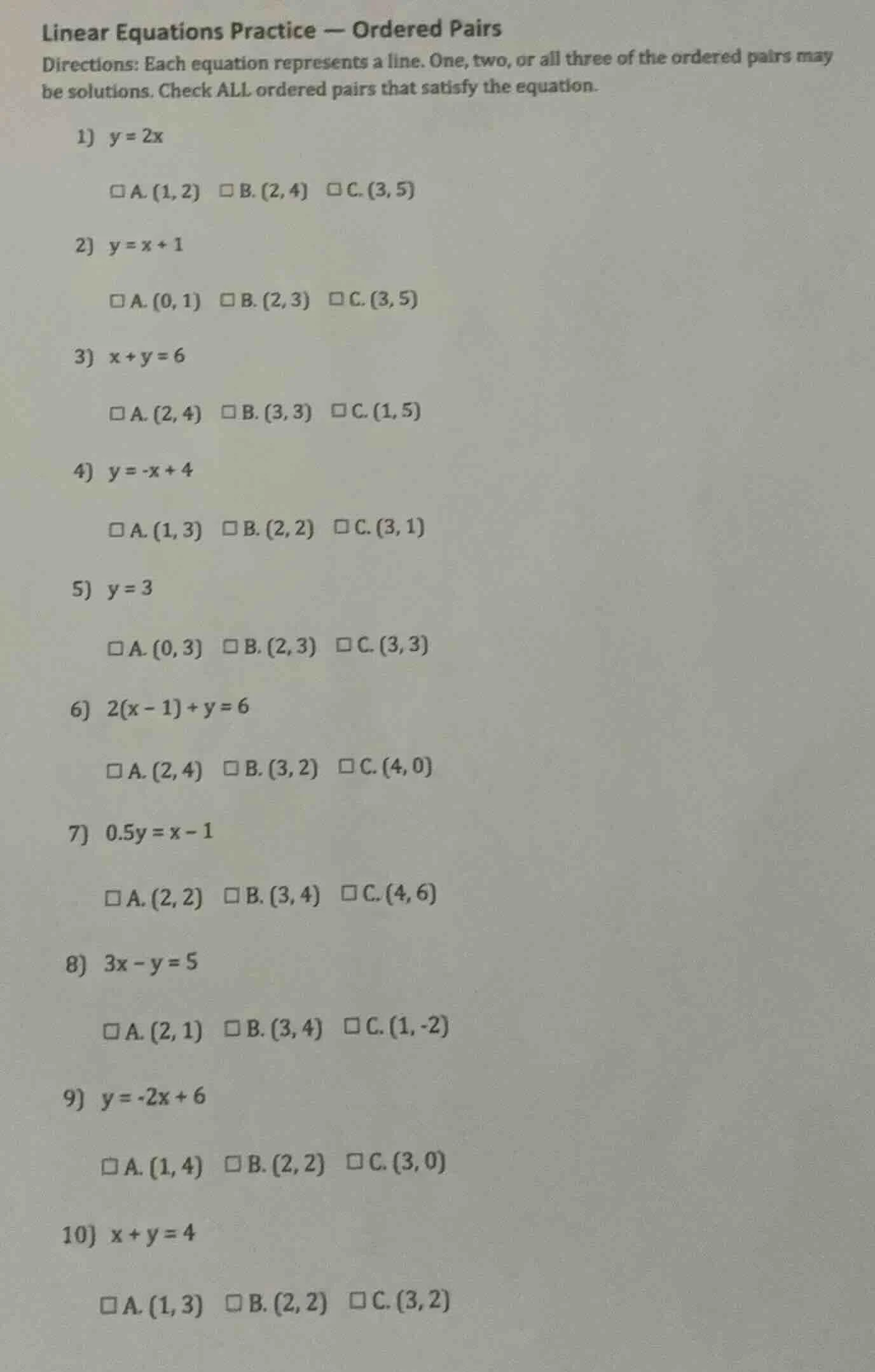 linear equations practice — ordered pairs directions: each equation rep…