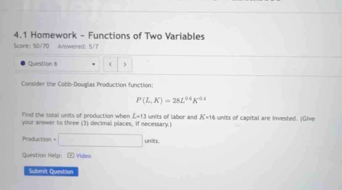 4.1 homework - functions of two variables score: 50/70 answered: 5/7 qu…