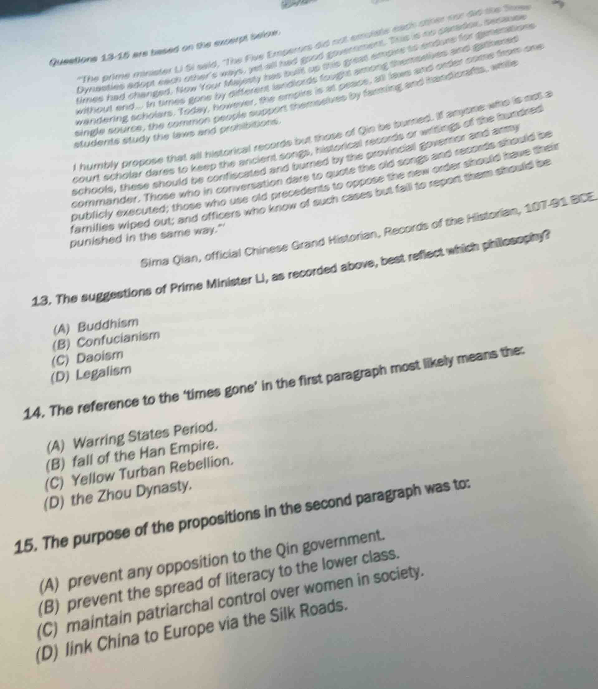 questions 13-15 are based on the excerpt below.\the prime minister li s…