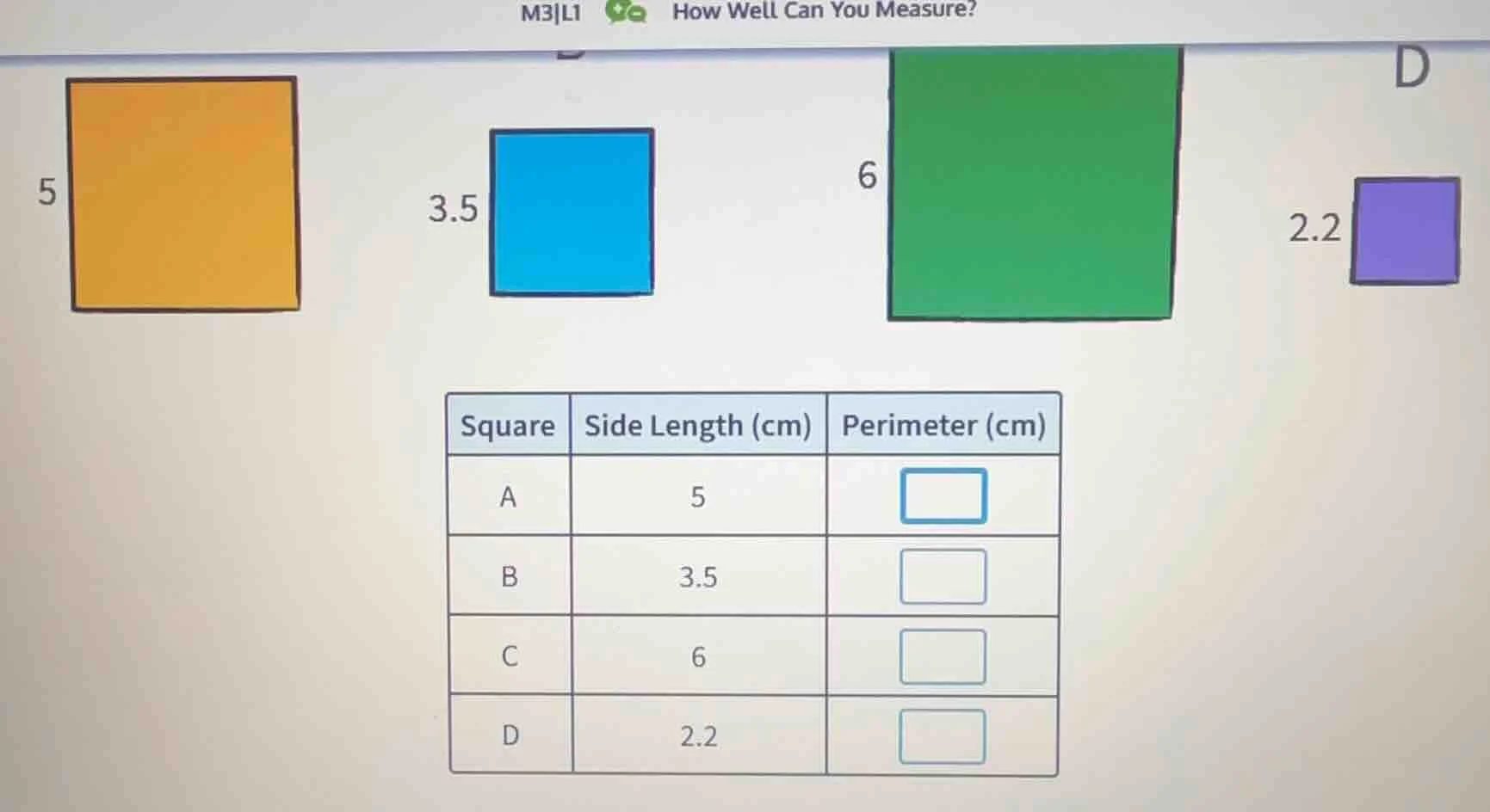 m3|l1 how well can you measure? square | side length (cm) | perimeter (…