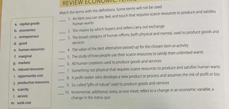 review economic terms match the terms with the definitions. some terms …