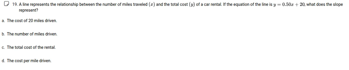 19. a line represents the relationship between the number of miles trav…