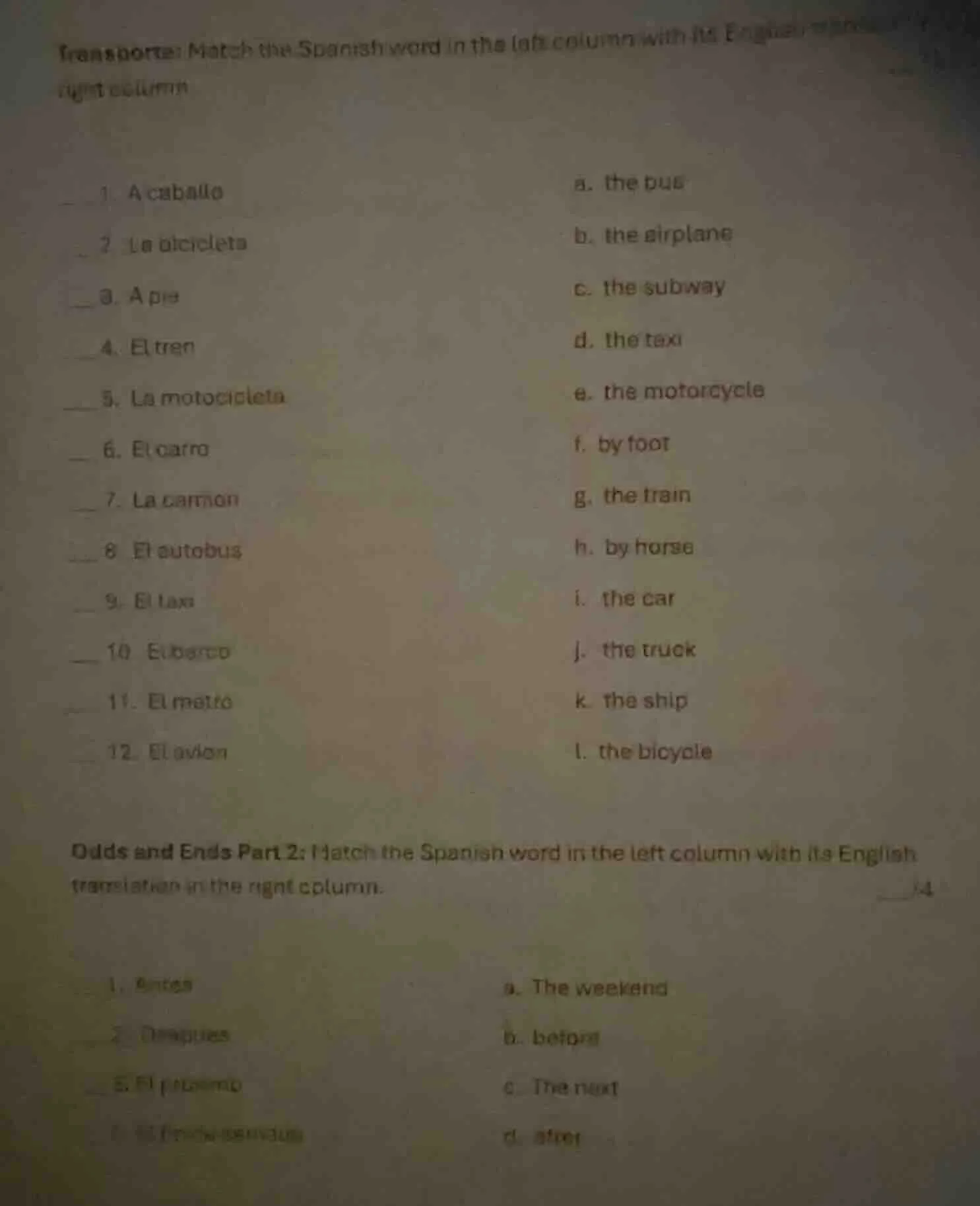 transporte: match the spanish word in the left column with its english …