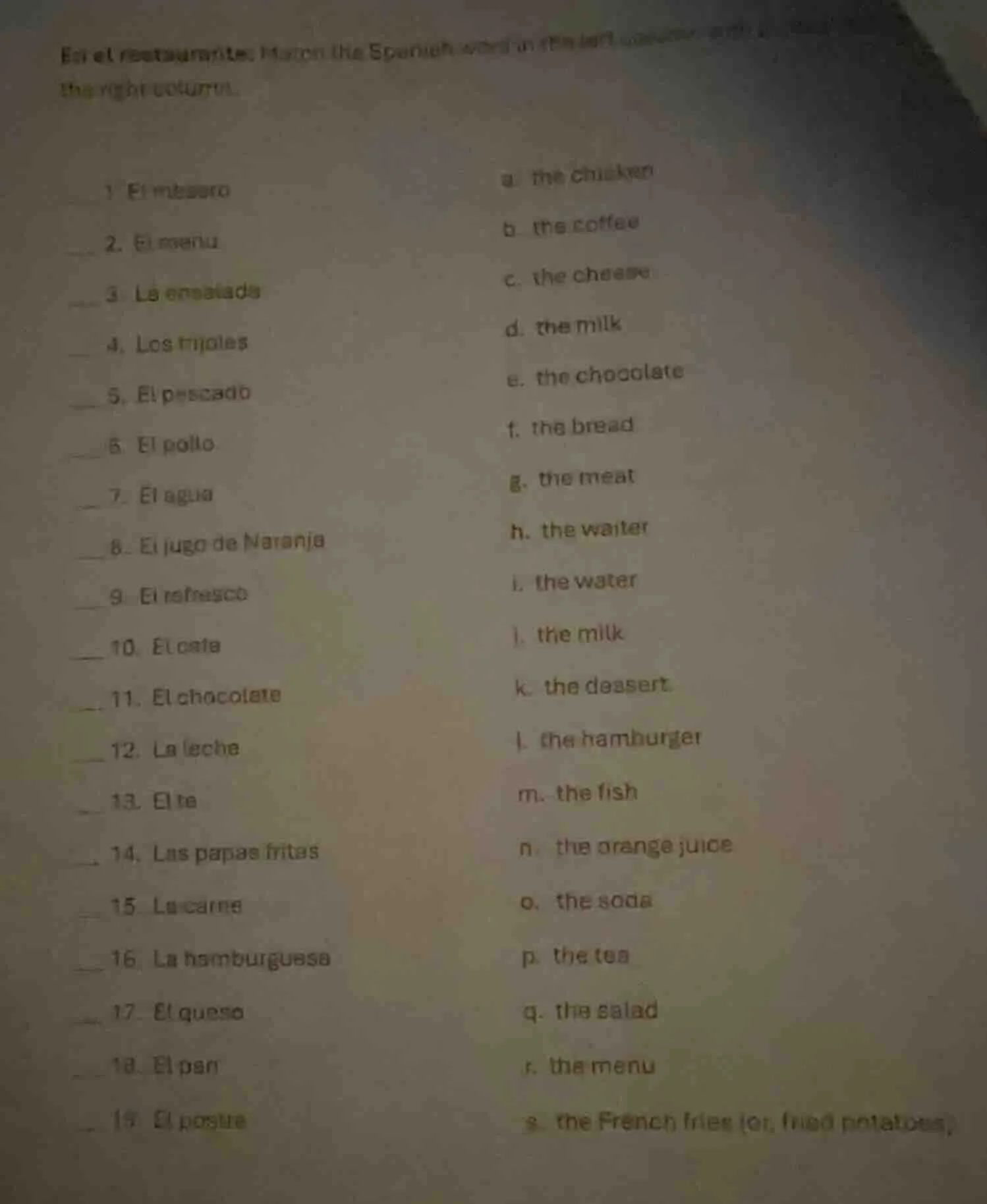 en el restaurante: match the spanish word in the left column with its e…