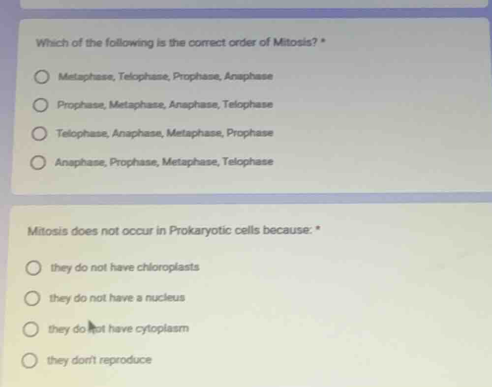 which of the following is the correct order of mitosis? * metaphase, te…