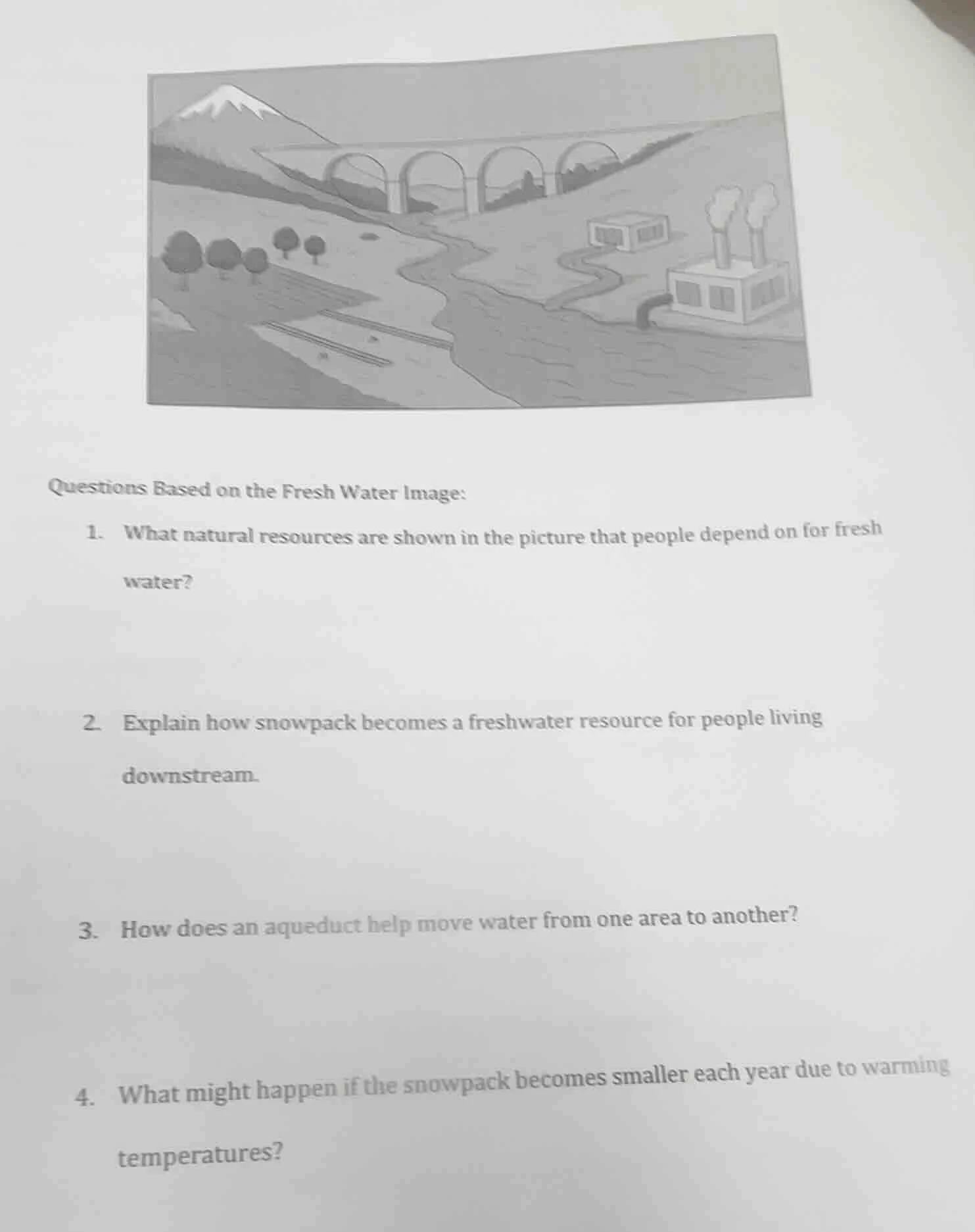 questions based on the fresh water image: 1. what natural resources are…