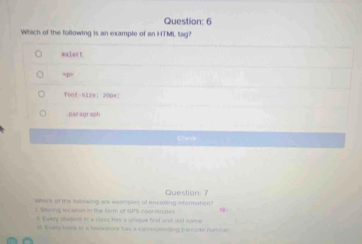 question: 6 which of the following is an example of an html tag? #alert…