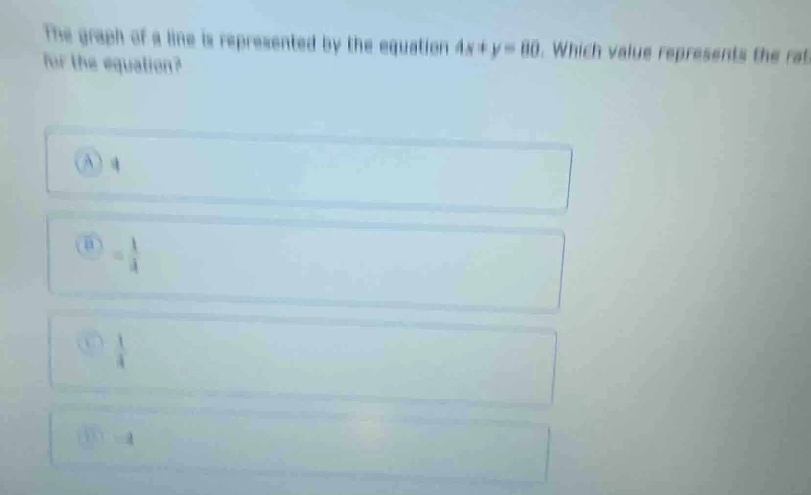 the graph of a line is represented by the equation $4x + y = 80$. which…