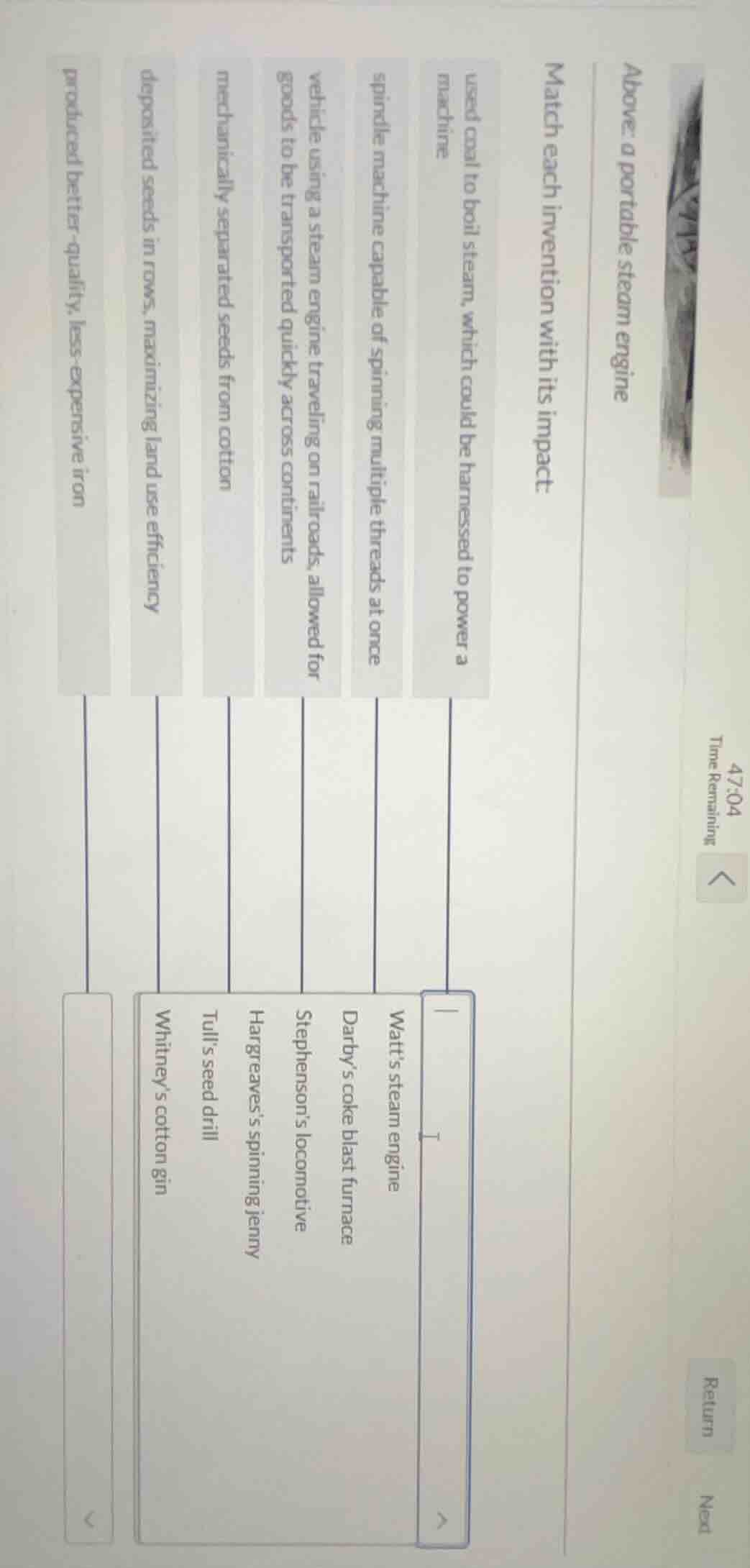 above: a portable steam engine match each invention with its impact: us…